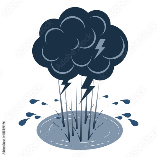 Storm cloud, lightning bolt, splash rainfall portray explosive impact of sudden, heavy downpour. Powerful visual statement on extreme weather, flooding, and growing intensity of climate change event.