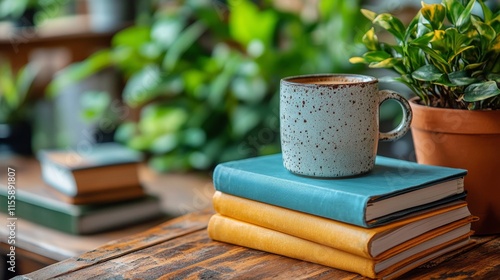Cozy workspace with flowers, coffee, and books bathed in natural light