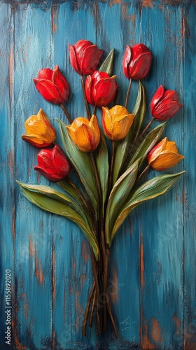 Vibrant bouquet of red and yellow tulips on a blue wooden background