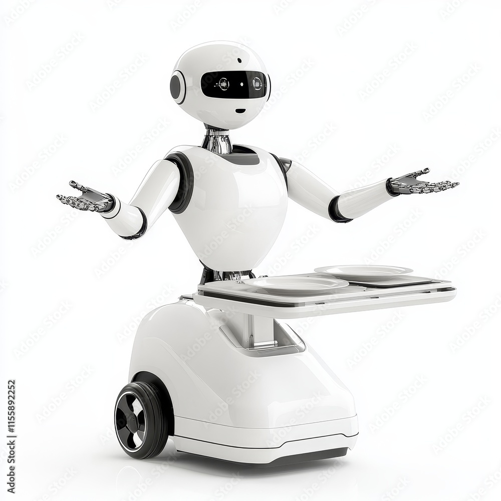 Futuristic Restaurant Server Robot with Detachable Trays and Voice Communication System on White Background. Photorealistic Concept. Futuristic Restaurant Server Robot with Detachable Trays and Voice Communication System on White Background. Photorealistic Concept.