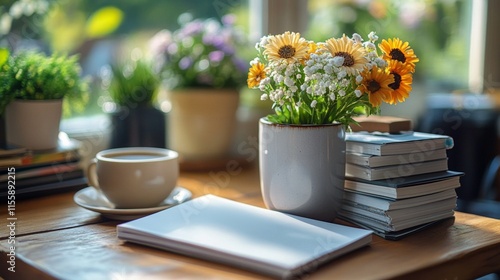 Cozy workspace with flowers, coffee, and books bathed in natural light