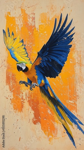 Colorful macaw flying against a vibrant abstract background with splashes of ...