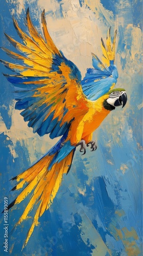 Colorful macaw flying against a vibrant abstract background with splashes of ...