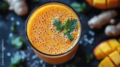 Refreshing mango smoothie with mint and ginger on dark background