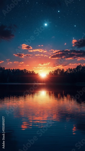 Sunset over lake reflecting vibrant colors with silhouettes of trees and star...