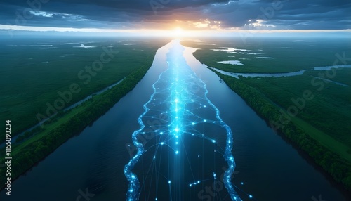 Wide River System Seamlessly Merging into Digital Neural Network Stretching Toward the Horizon photo