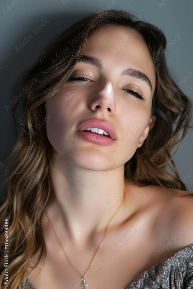 Woman long brown hair necklace relaxed happy her eyes closed lips parted Woman long brown hair necklace relaxed happy her eyes closed lips parted