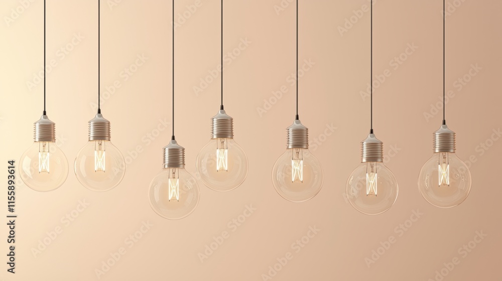 A row of energy-efficient lightbulbs suspended from wires, creating a rhythmic pattern against a neutral beige background. A row of energy-efficient lightbulbs suspended from wires, creating a rhythmic pattern against a neutral beige background.