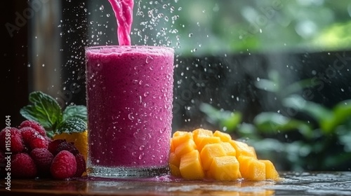 Refreshing tropical drink with fruit splash on a vibrant background in bright...