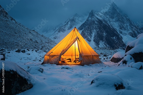 Cozy tent glowing warmly under a starry night sky in a remote location