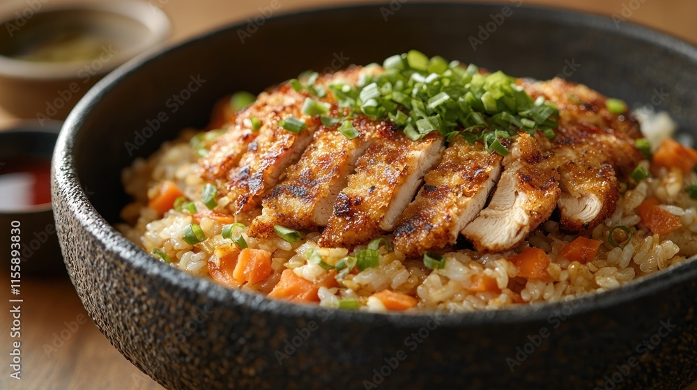 Crispy fried chicken breast on fried rice. Crispy fried chicken breast on fried rice.