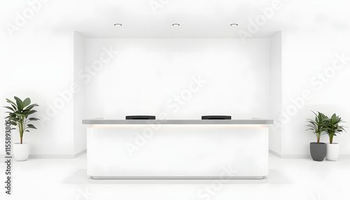Modern white reception desk with gray countertop isolated on a white background, concept of office furniture. 3D Rendering, digital art. isolated with white shades