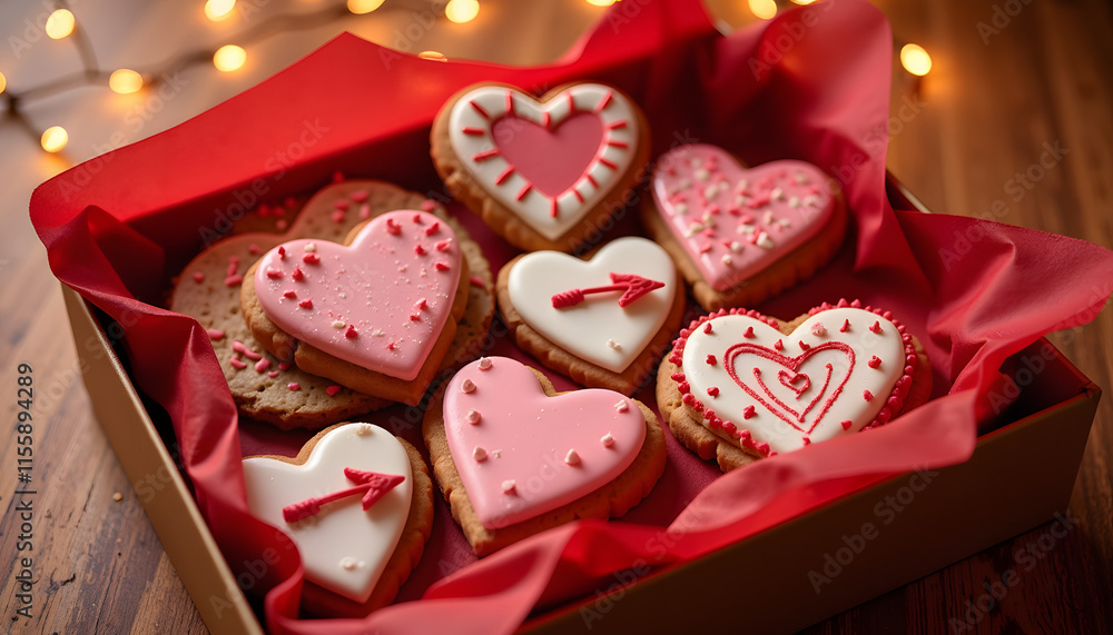 Decorated Valentine's Day heart and arrow cookies packed in a gift box Decorated Valentine's Day heart and arrow cookies packed in a gift box