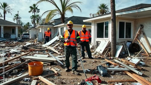 Cleanup and restoration efforts at residential area following severe storm damage