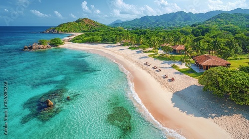 Palm trees stand on a secluded beach surrounded by clear blue water under a b...