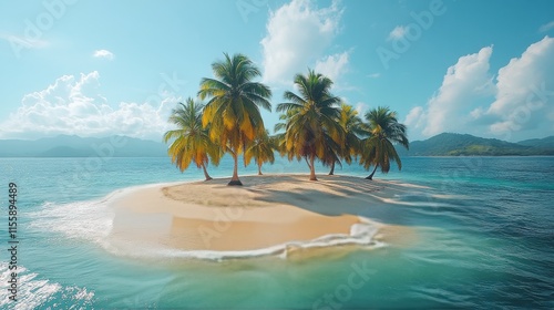 Palm trees stand on a secluded beach surrounded by clear blue water under a b...