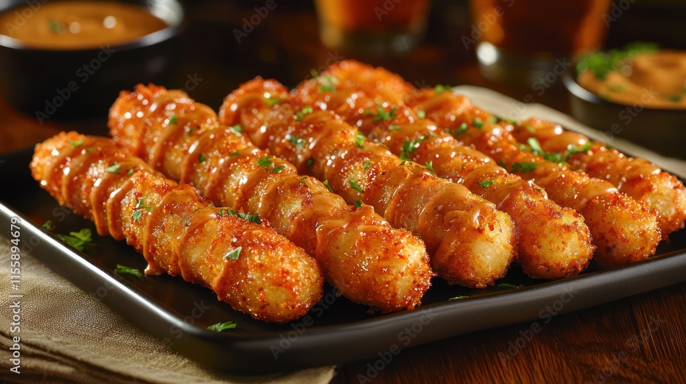 Crispy fried mozzarella sticks with dipping sauce. (1) Crispy fried mozzarella sticks with dipping sauce. (1)