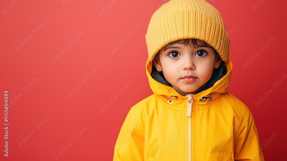 Cute Child in Yellow Rain Jacket and Knitted Hat Against Red Background Cute Child in Yellow Rain Jacket and Knitted Hat Against Red Background