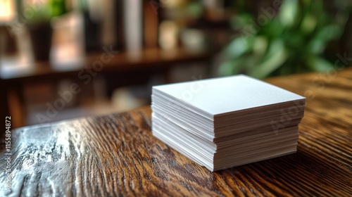 Blank business cards stacked on a wooden table in a cozy workspace during eve...