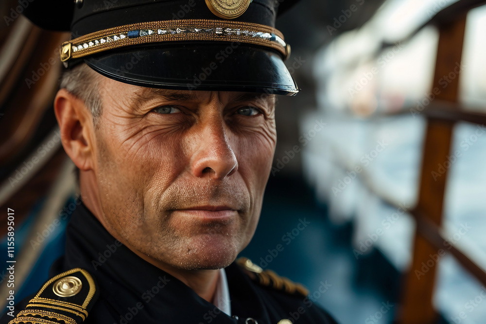 Generative AI image of confident ship captain aboard cruise liner, showcasing marine travel themes Generative AI image of confident ship captain aboard cruise liner, showcasing marine travel themes