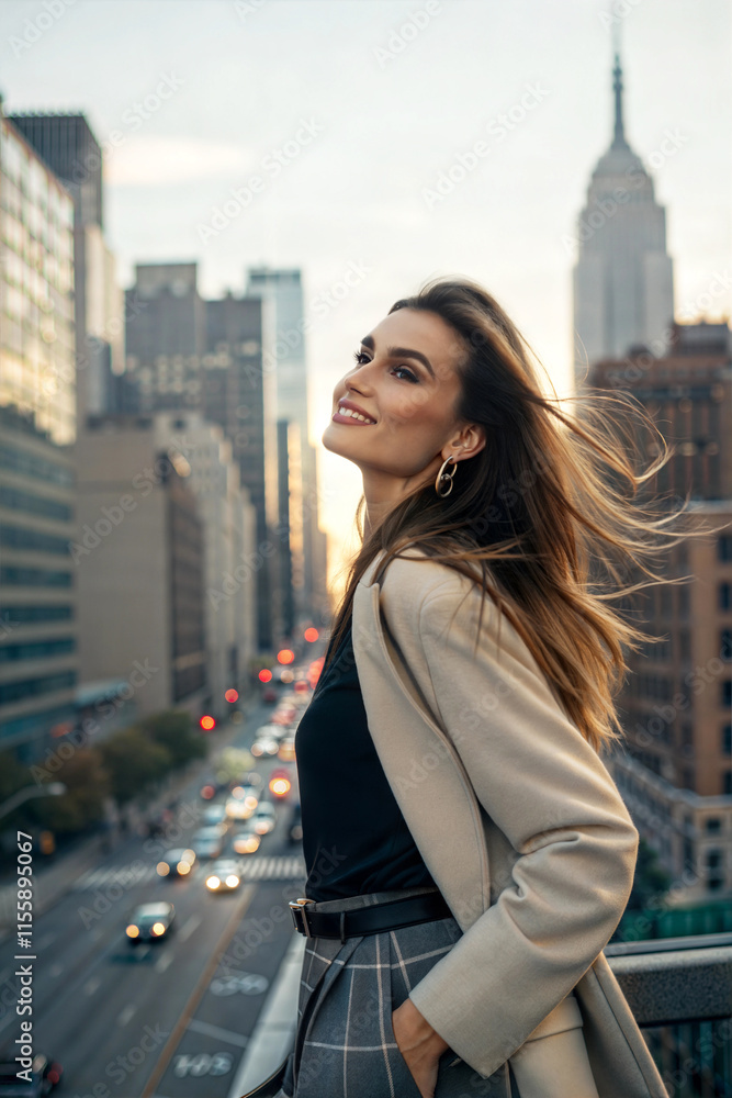Fototapeta premium Elegant young woman enjoying the cityscape, urban background
