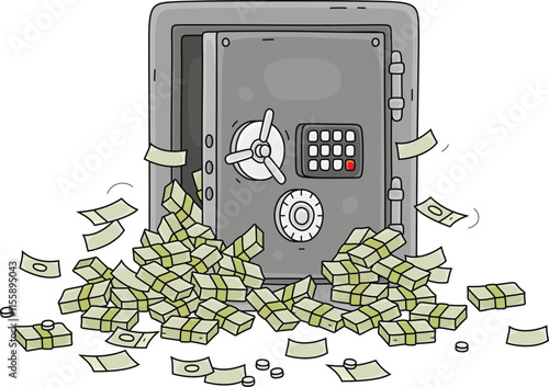 Packs of money banknotes fall out of a safe, vector cartoon illustration on a white background