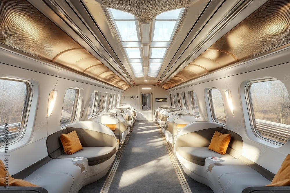 Fototapeta premium Spacious train interior with modern design, large windows, and c
