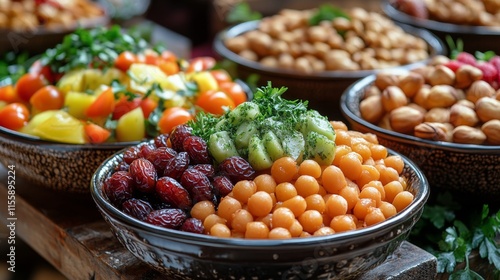 Colorful display of assorted nuts and dried fruits at a vibrant market stall ...