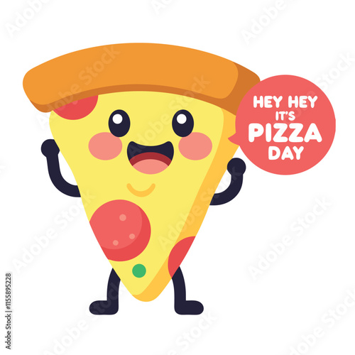 Cute cartoon pizza slice character with a festive sign celebrating the joy of pizza day.