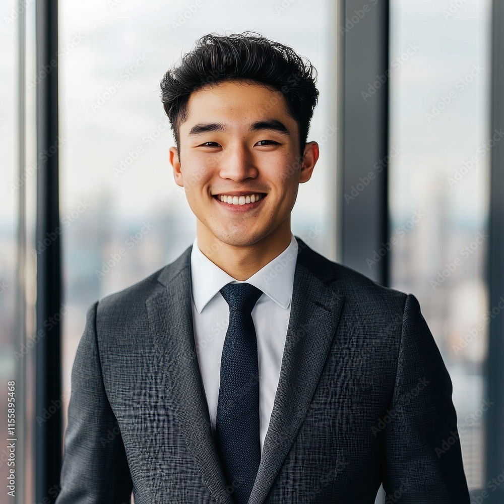 Confident Young Professional in Modern Office with City View Confident Young Professional in Modern Office with City View