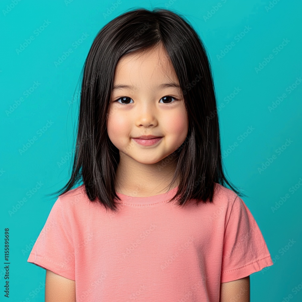 Smiling Young Girl with Long Hair Against Bright Turquoise Background Smiling Young Girl with Long Hair Against Bright Turquoise Background