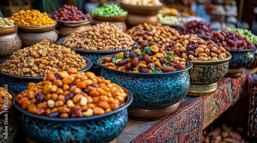 Colorful display of assorted nuts and dried fruits at a vibrant market stall ...