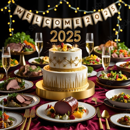 welcome 2025 happy new year dinner party with cake