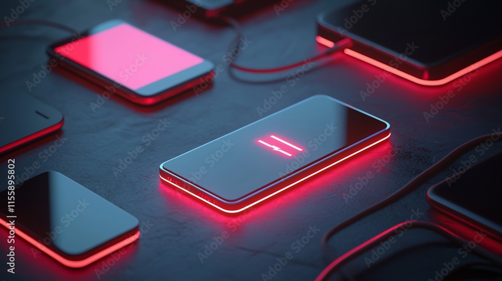 Glowing smartphones charging on dark surface. Glowing smartphones charging on dark surface.