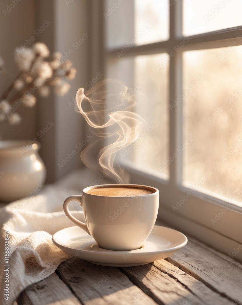 Warm morning coffee and cozy decor by the window in soft light Warm morning coffee and cozy decor by the window in soft light