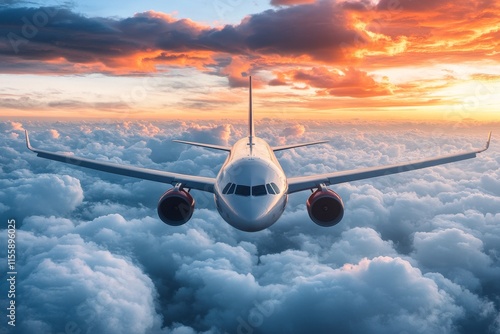 Airplane flying above clouds during sunset with vibrant colors in the sky