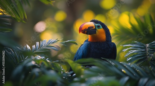 Colorful toucan perched on vibrant flowers under a clear blue sky in a tropic...