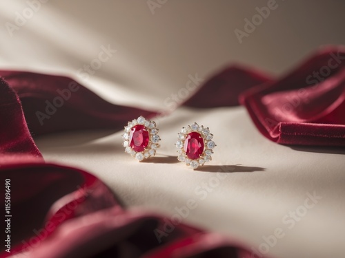 Elegant Ruby and Diamond Earrings on a Luxurious Velvet Background photo