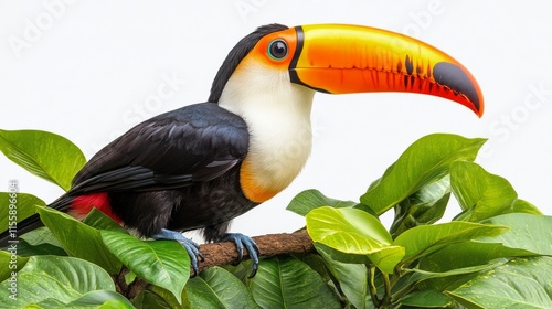 Colorful toucan perched on vibrant flowers under a clear blue sky in a tropic...