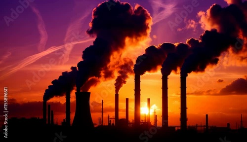 Factory chimneys, thick smoke and golden sunset in industrial skyline. Air pollution, climate change and fossil fuel reliance in urban environment