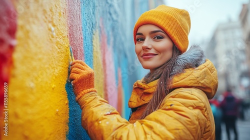 Young woman painting colorful mural in winter city street wearing yellow bean...