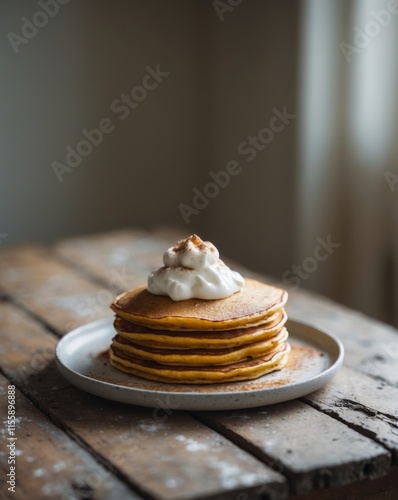 yogurt pumpkin pancakes sit atop rustic wooden dining photo