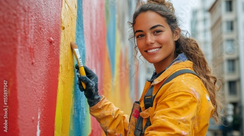 Young woman painting a colorful mural in an urban area during the afternoon