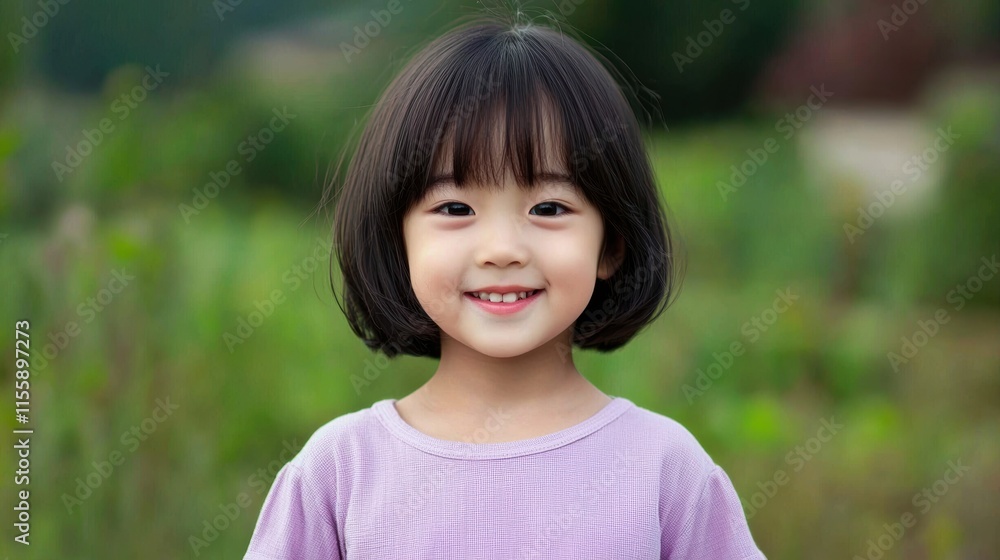 Smiling Young Girl with Short Hair in Green Nature Background Smiling Young Girl with Short Hair in Green Nature Background