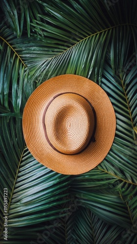 Straw hat placed on vibrant tropical leaves in a lush garden setting