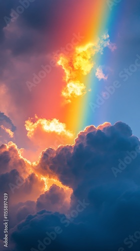 Vibrant rainbow arching through dramatic clouds at sunset