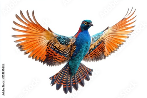 Vibrant pheasant displaying its colorful plumage in mid-flight