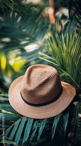 Straw hat placed on vibrant tropical leaves in a lush garden setting