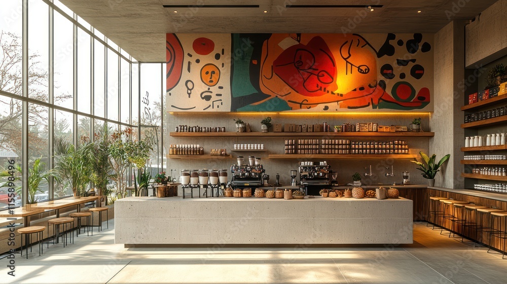 Modern coffee shop interior with large abstract mural, wooden shelves, and ample natural light. Modern coffee shop interior with large abstract mural, wooden shelves, and ample natural light.