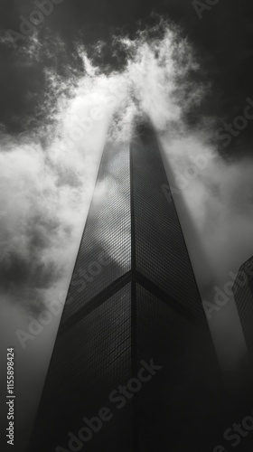 Skyscraper stands tall against a dramatic sky in an urban setting
